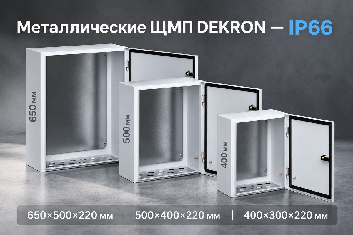 Металлические навесные щиты ЩМП DEKRON IP66 с монтажной панелью: размеры 650x500x220, 500x400x220 и 400x300x220 мм